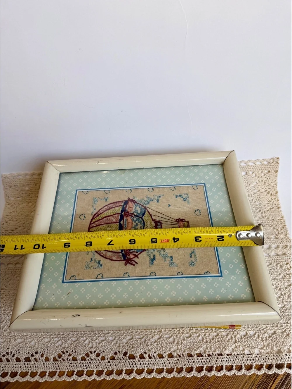 Vintage Framed Hot Air Balloon Crewel Embroidery Needlework Wall Art